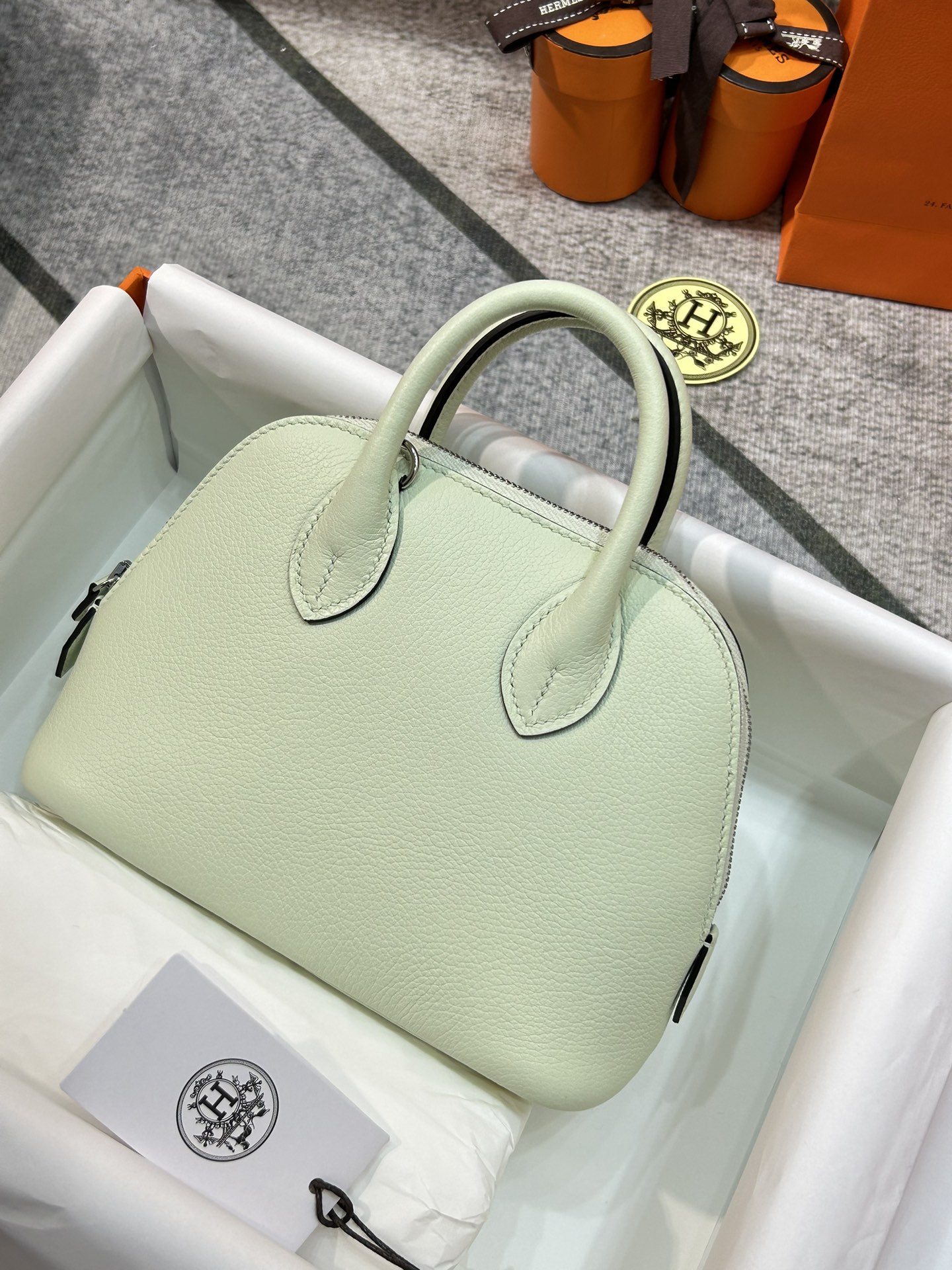 Hermes Bolide 1923 Mini Handbag Shoulder Bag In Pale Green Evercolor Leather